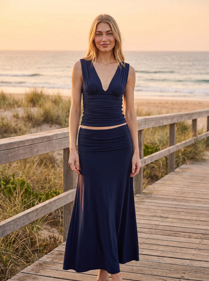 Bea Fresh Navy A-Line Midi Skirt by Riley Belle