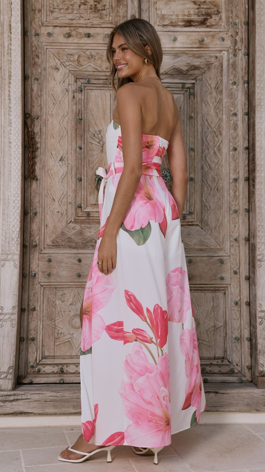 Kaya Radiant Pink Floral Split Maxi Dress side view by Riley Belle