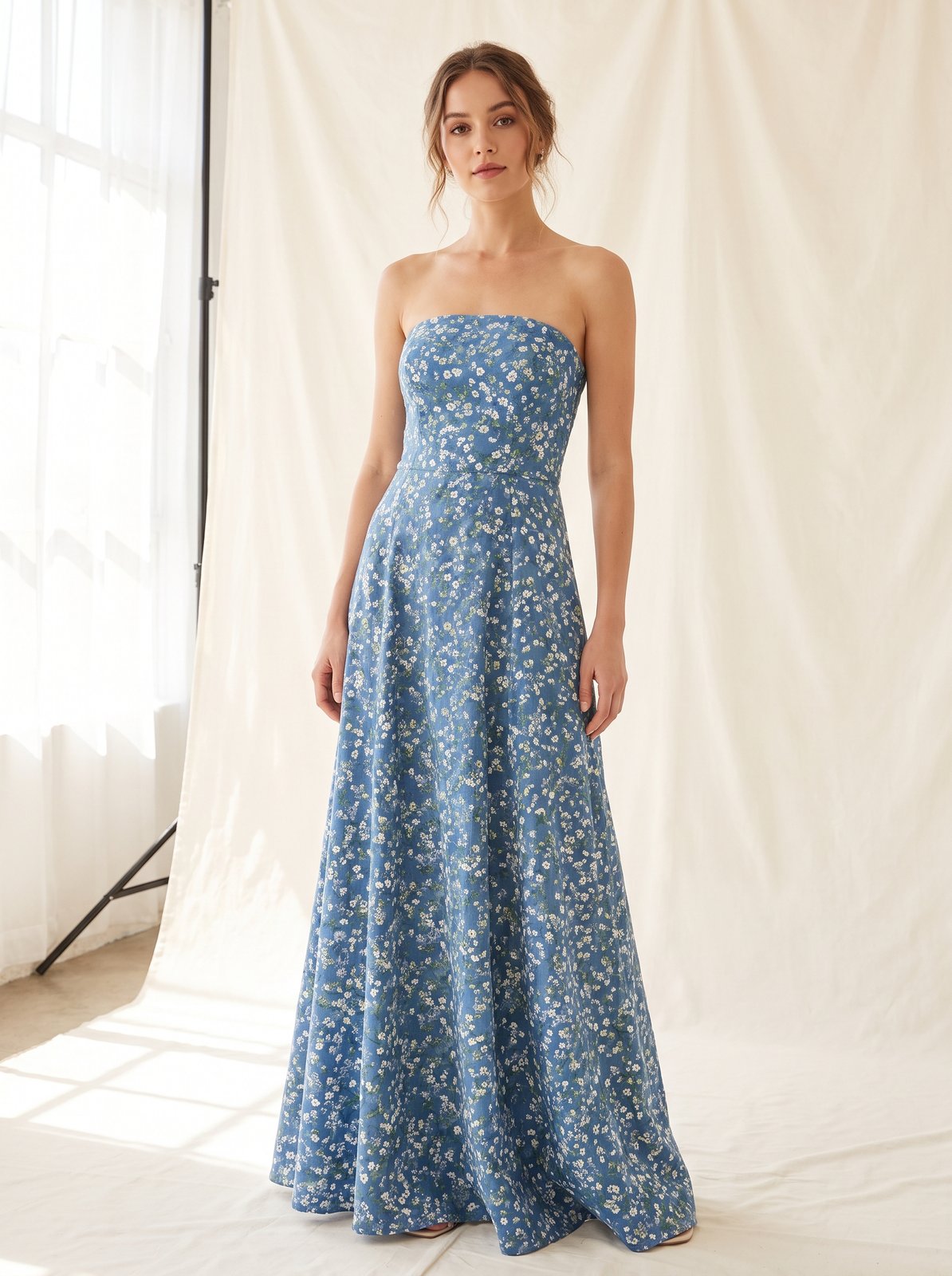 Blue floral strapless wedding guest maxi dress by Riley Belle