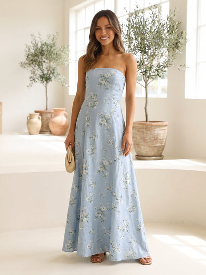 Blue floral strapless wedding guest maxi dress by Riley Belle