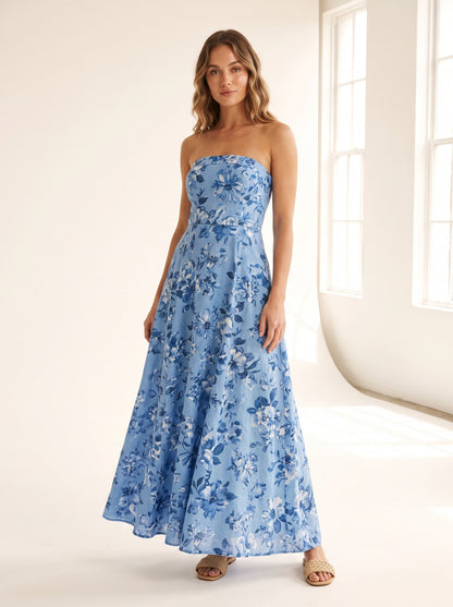 Blue floral strapless wedding guest maxi dress by Riley Belle