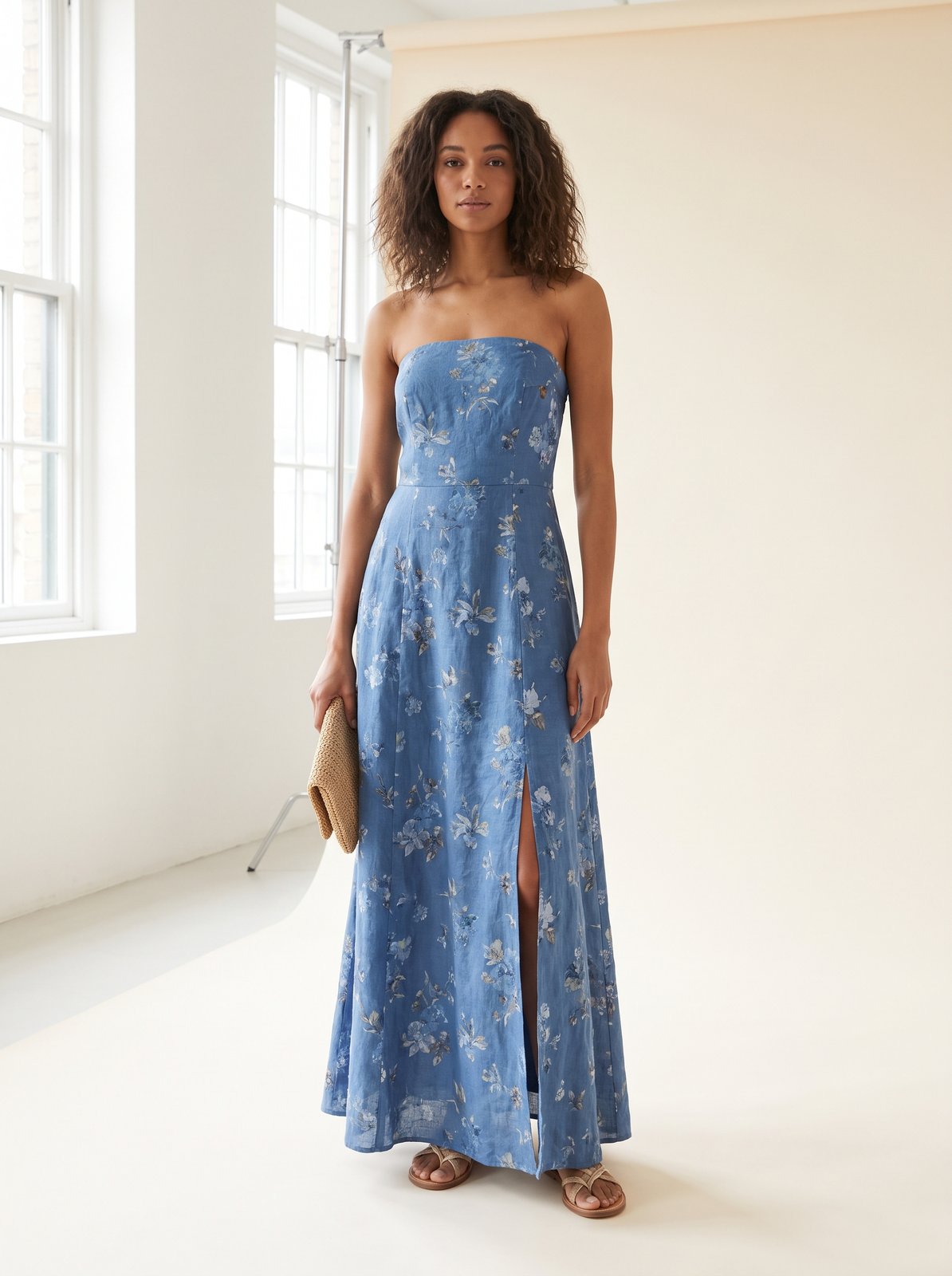 Blue floral strapless wedding guest maxi dress by Riley Belle