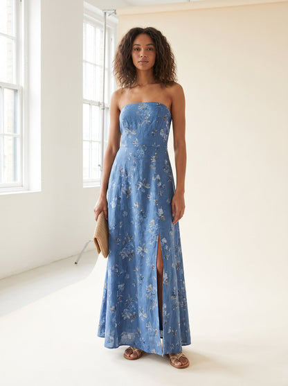 Blue floral strapless wedding guest maxi dress by Riley Belle