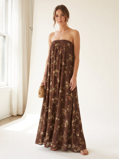 Chocolate floral strapless wedding guest maxi dress by Riley Belle