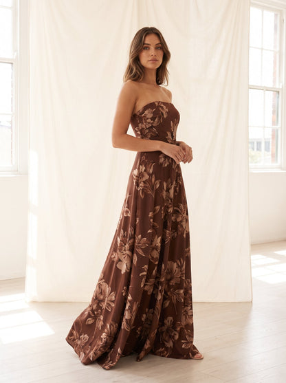 Chocolate floral strapless wedding guest maxi dress by Riley Belle