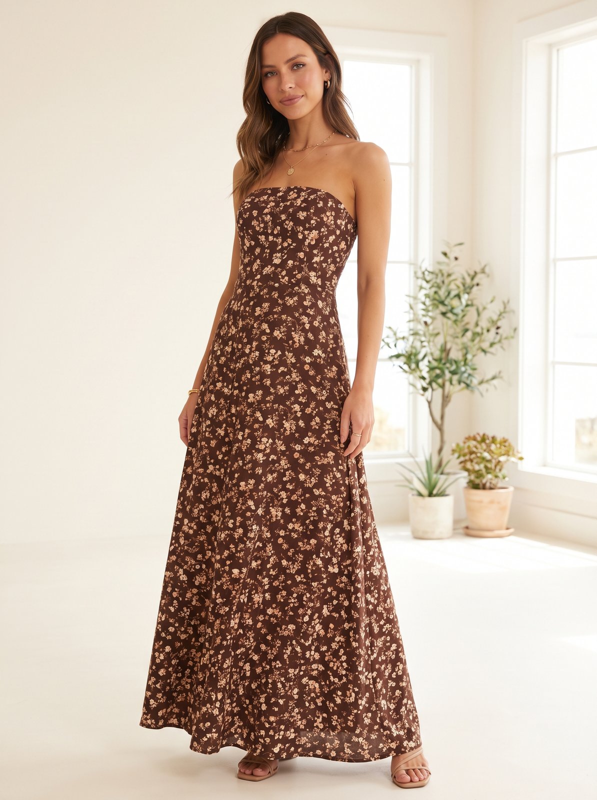 Chocolate floral strapless wedding guest maxi dress by Riley Belle