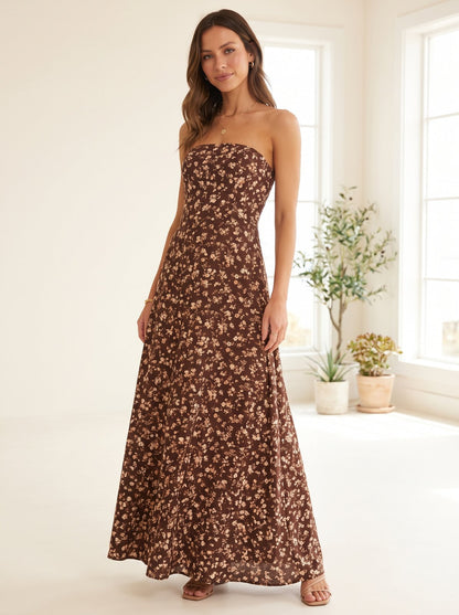 Chocolate floral strapless wedding guest maxi dress by Riley Belle