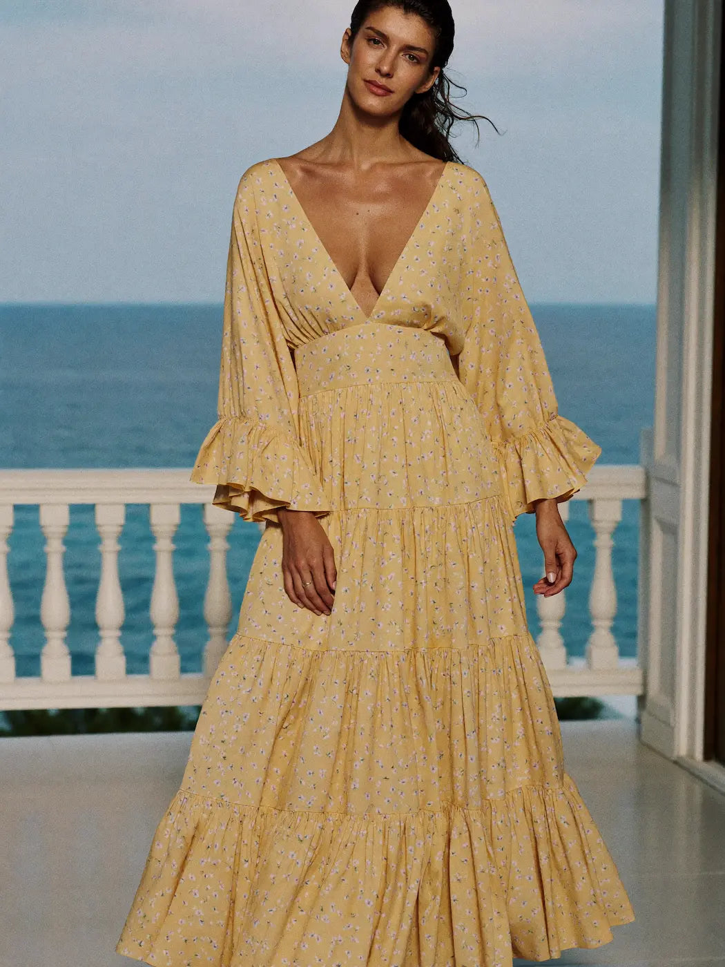 Butter yellow floral tiered maxi dress