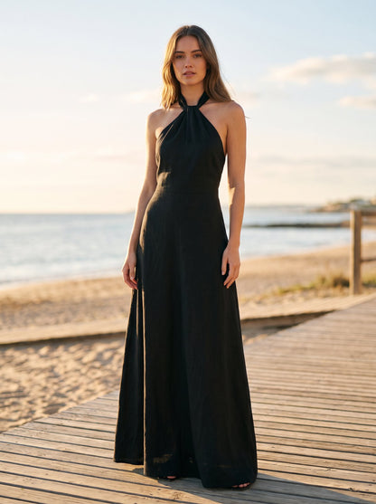 Black halter neck maxi dress by Riley Belle