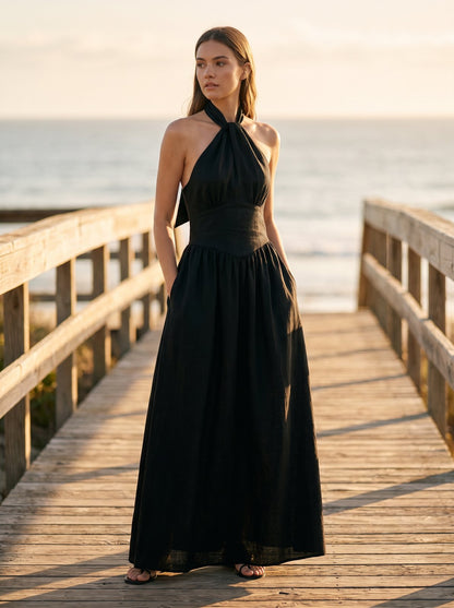 Black halter neck maxi dress by Riley Belle