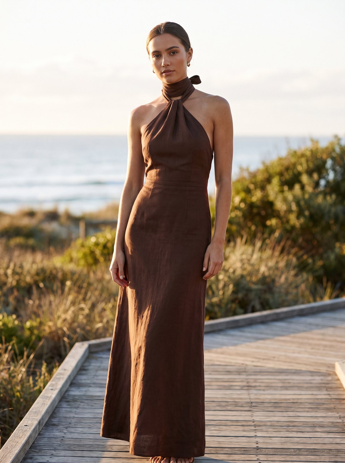 Chocolate brown halter neck maxi dress by Riley Belle