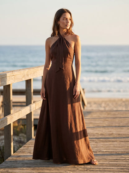 Chocolate brown halter neck maxi dress by Riley Belle