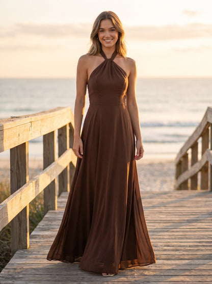 Chocolate brown halter neck maxi dress by Riley Belle