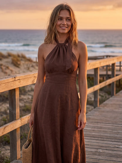 Chocolate brown halter neck maxi dress by Riley Belle