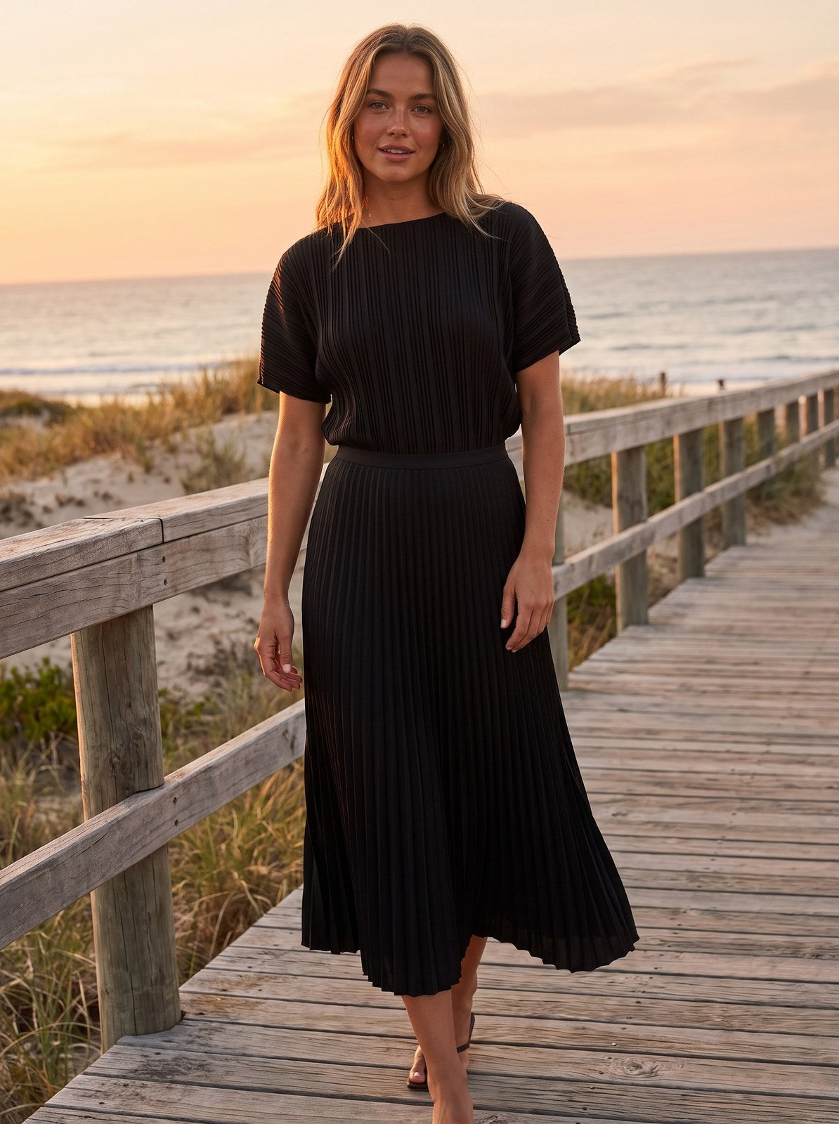 Cara Modern Black Pleated Midi Skirt by Riley Belle