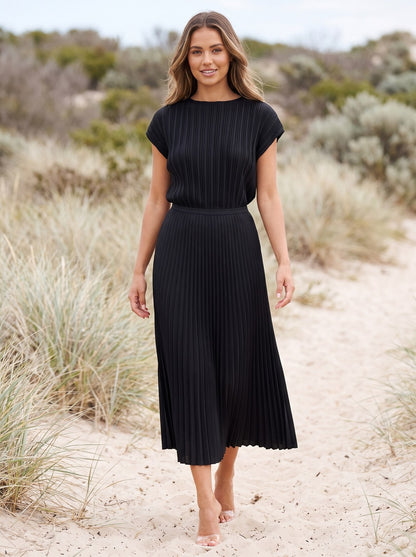 Cara Modern Black Pleated Midi Skirt by Riley Belle