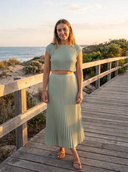 Cara Modern Sage Green Pleated Midi Skirt by Riley Belle