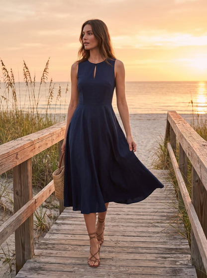 Navy keyhole cocktail midi dress by Riley Belle