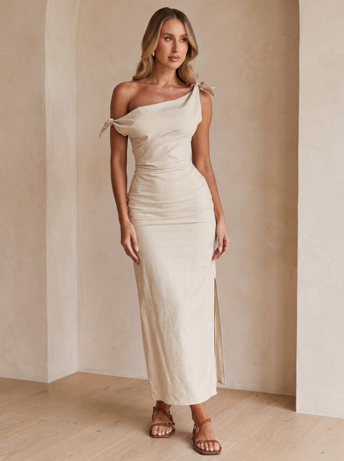 Brea Breezy Natural One-Shoulder Linen Maxi Dress by Riley Belle