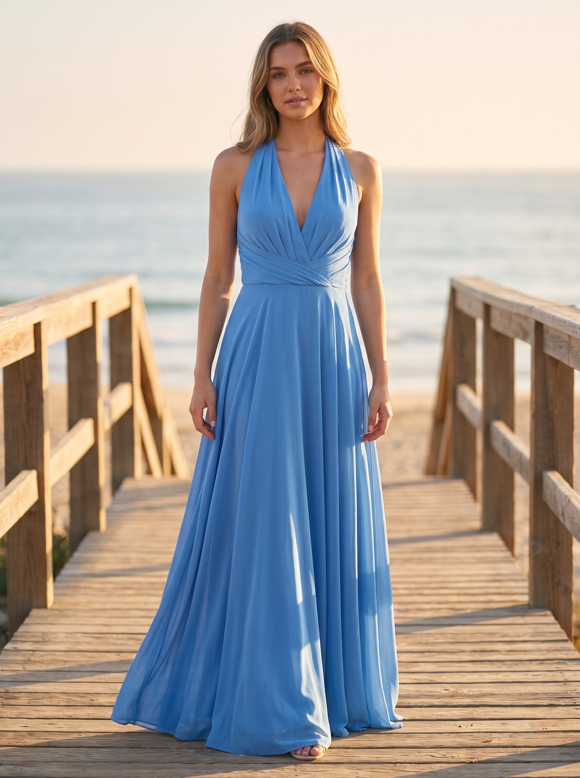 Blue plunge halter maxi dress by Riley Belle