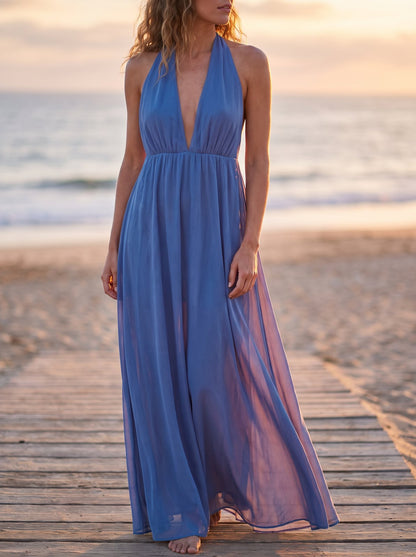 Blue plunge halter maxi dress by Riley Belle