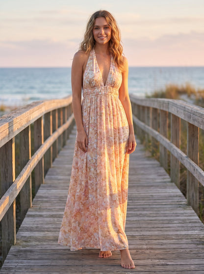 Floral print plunge halter maxi dress by Riley Belle