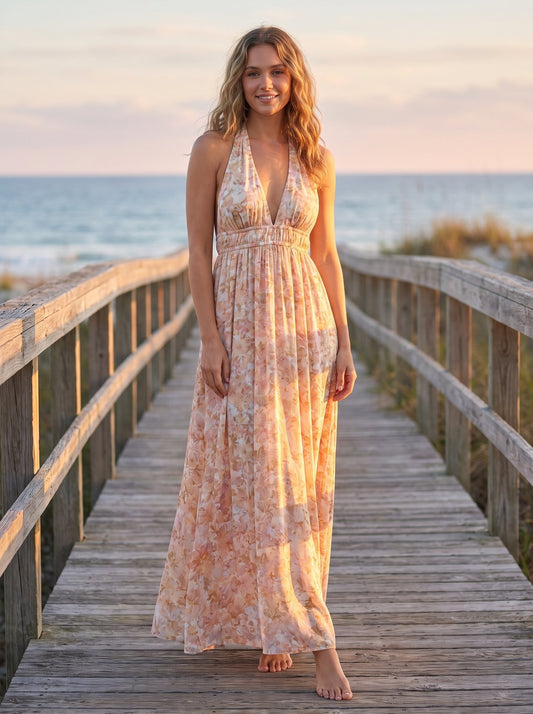 Floral print plunge halter maxi dress by Riley Belle