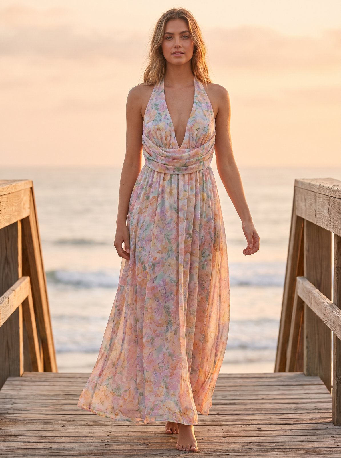 Floral print plunge halter maxi dress by Riley Belle