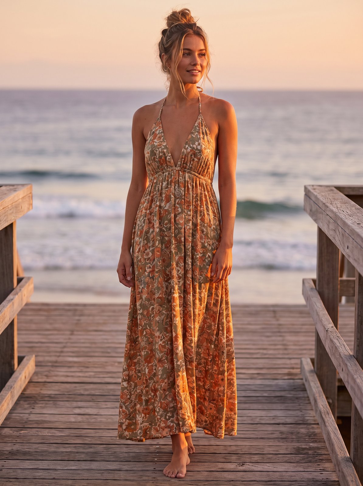 Floral print plunge halter maxi dress by Riley Belle