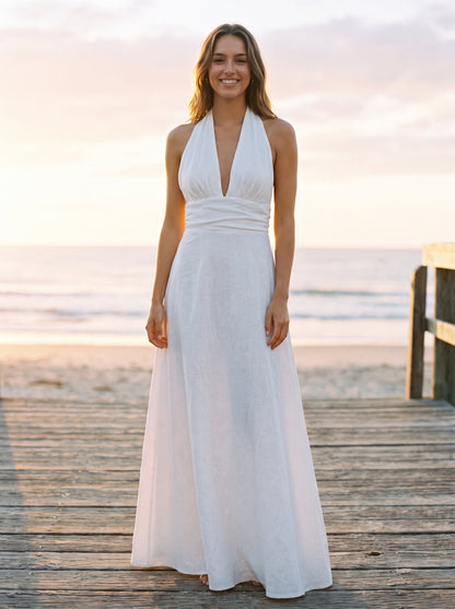 White plunge halter maxi dress by Riley Belle