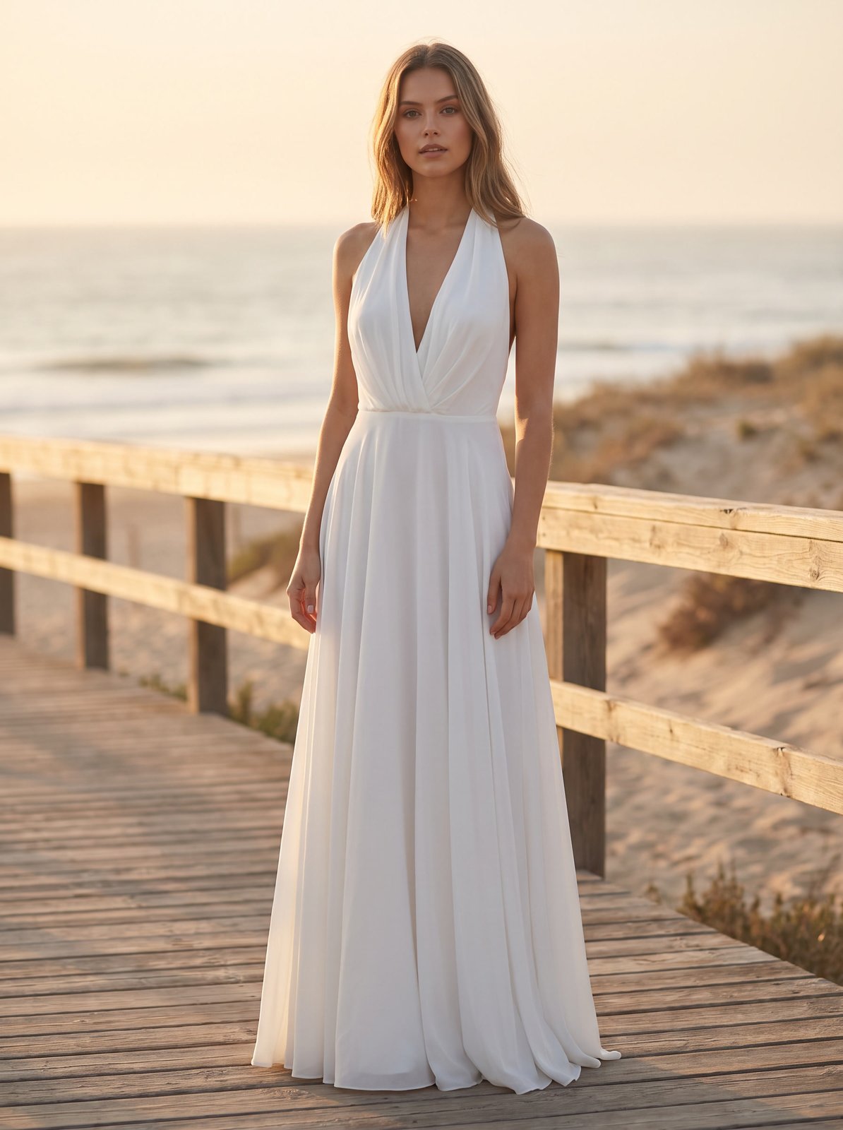 White plunge halter maxi dress by Riley Belle
