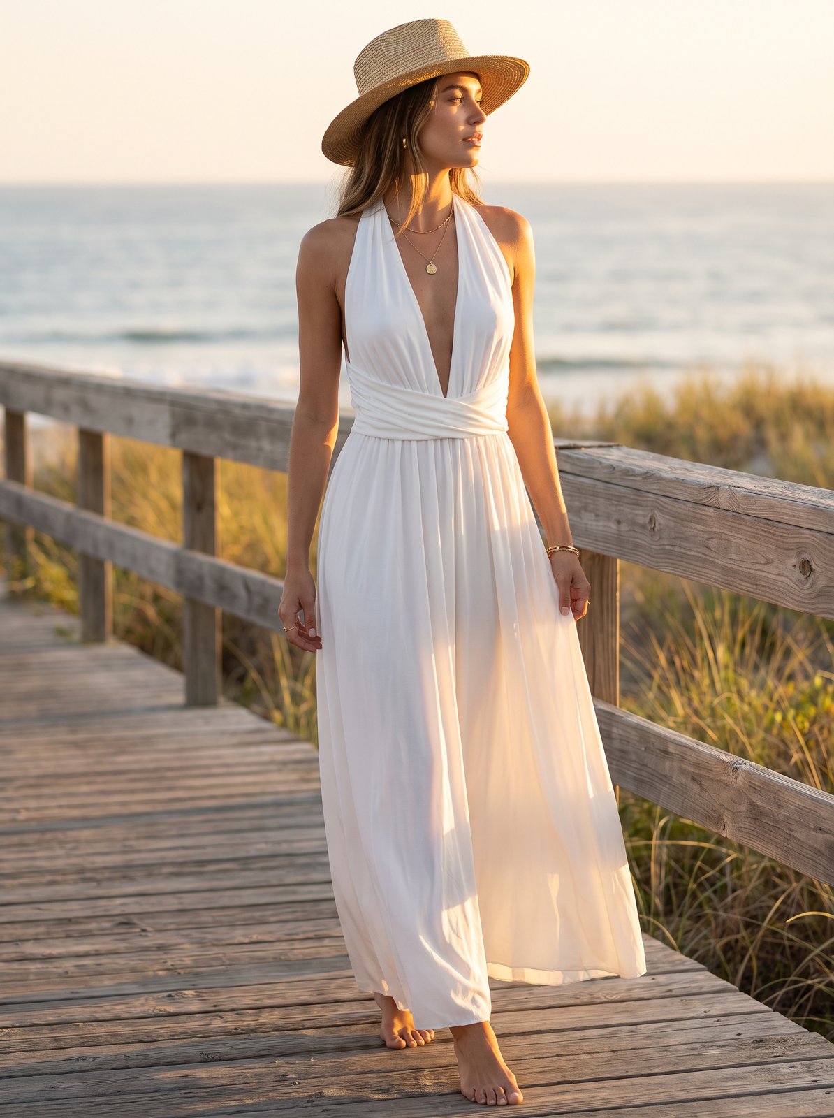 White plunge halter maxi dress by Riley Belle
