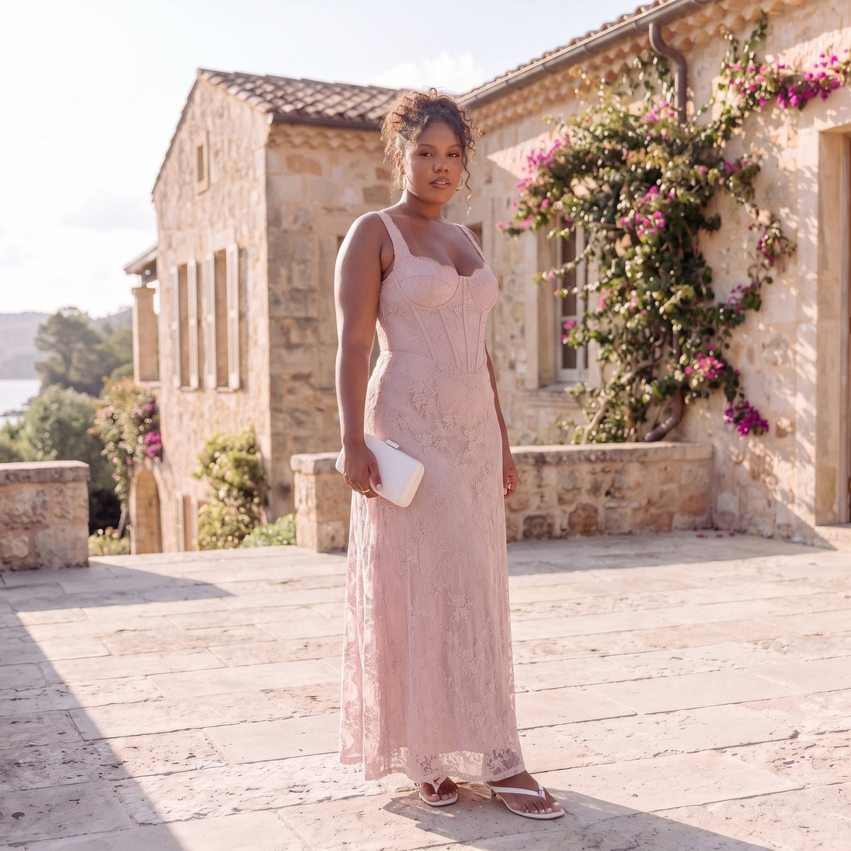 Arabella Blush Pink Lace Corset Wedding Guest Maxi Dress