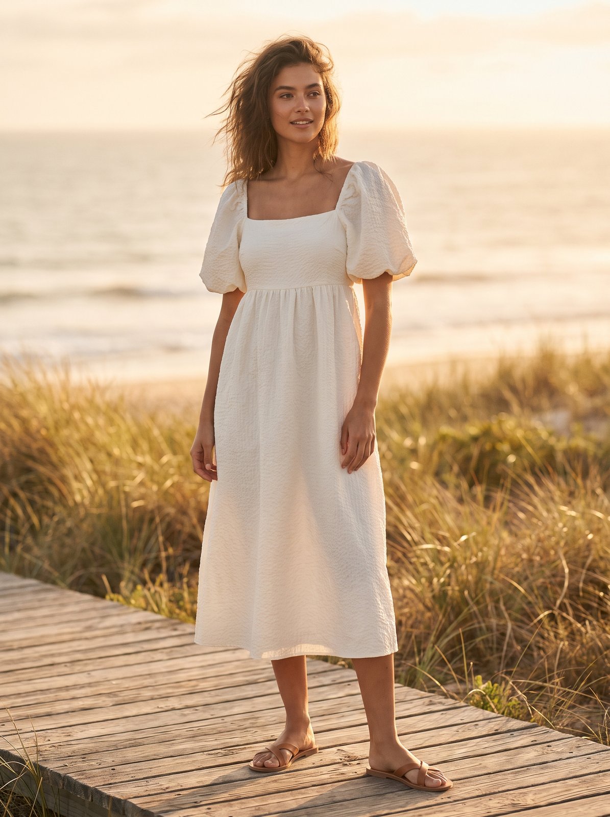 Ivory puff sleeve midi dress by Riley Belle