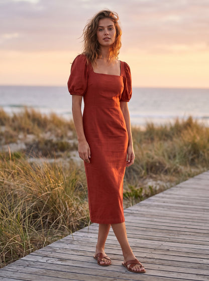 Red puff sleeve midi dress by Riley Belle
