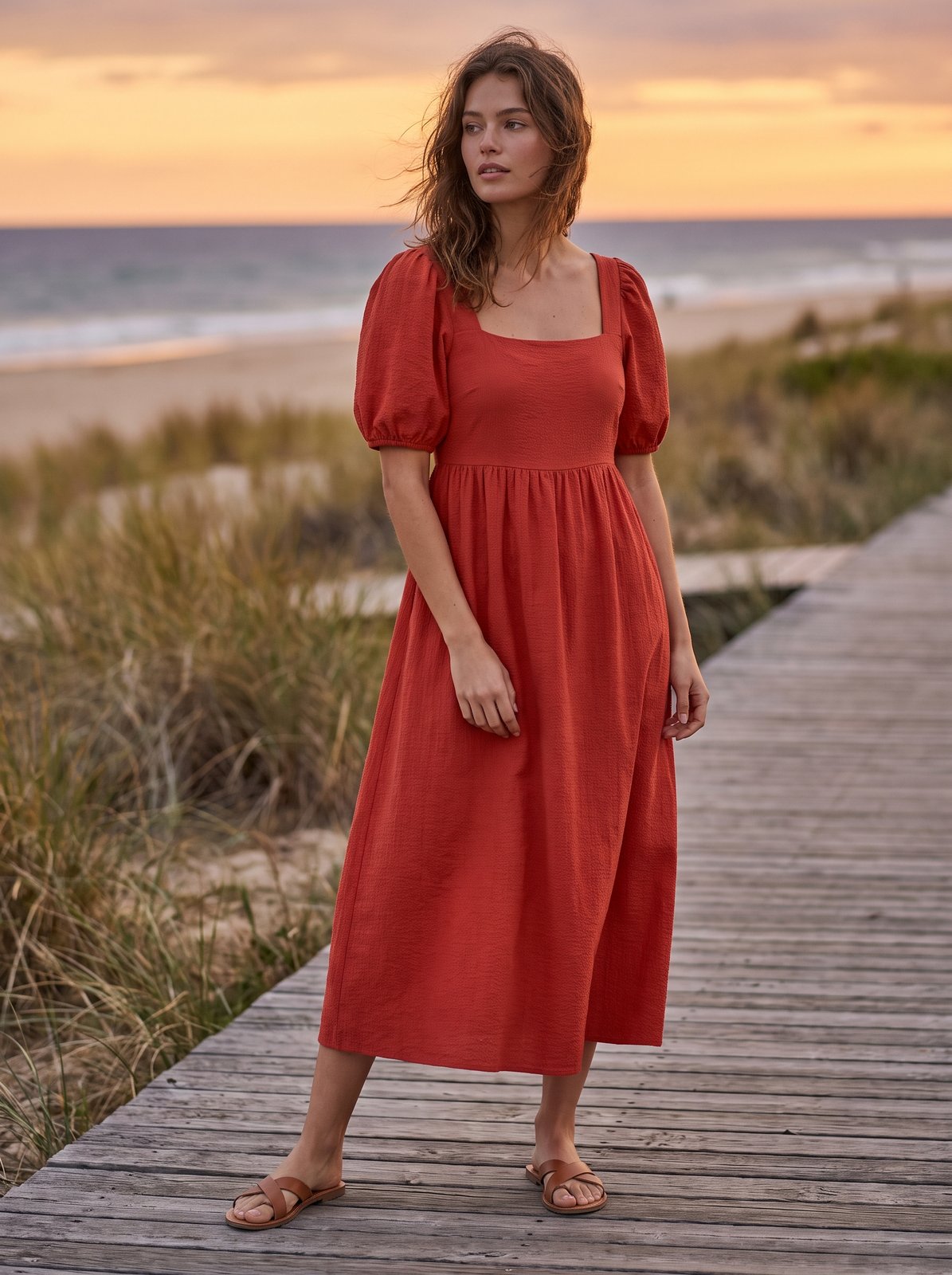 Red puff sleeve midi dress by Riley Belle