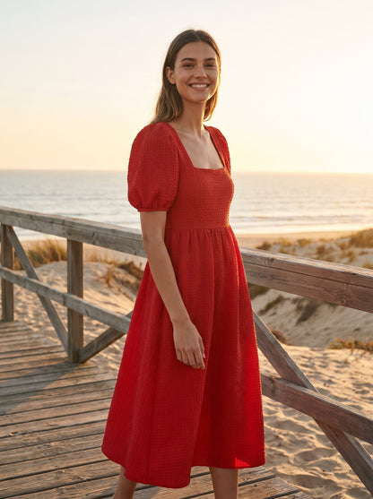 Red puff sleeve midi dress by Riley Belle