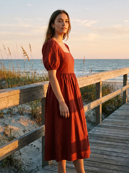 Red puff sleeve midi dress by Riley Belle