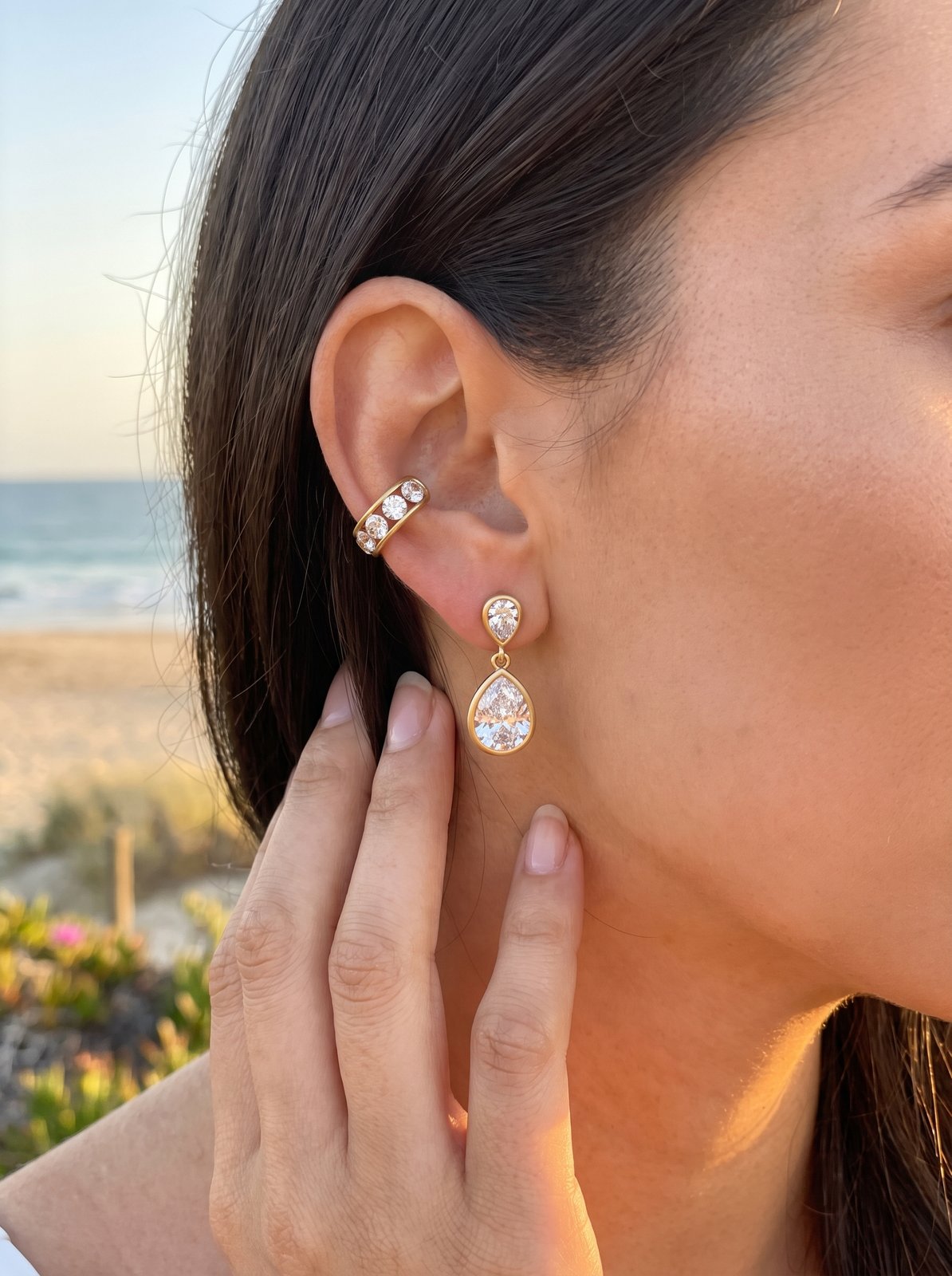Delta Gold Crystal Drop Earrings lifestyle by Riley Belle