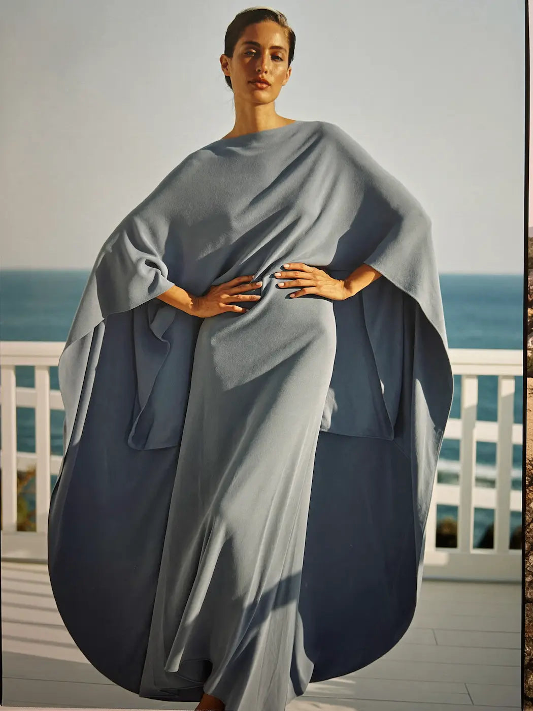 Dusty blue draped cape maxi dress