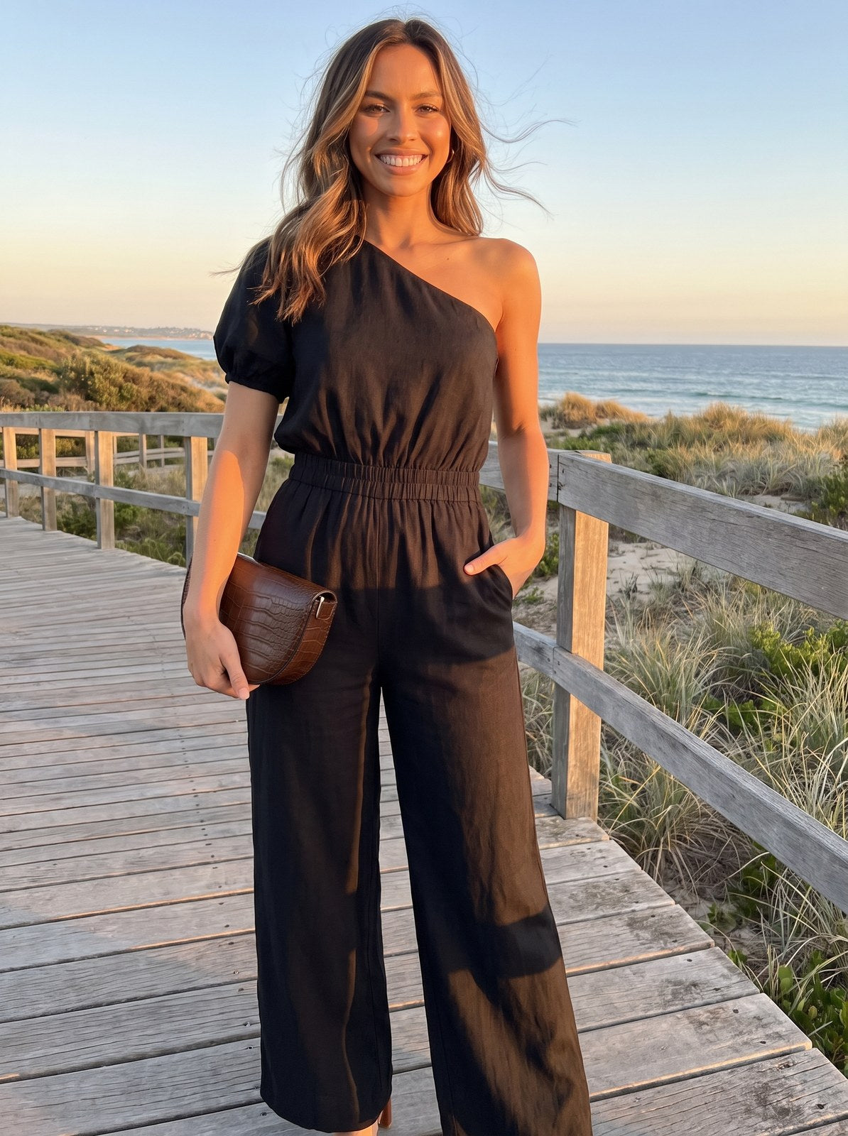 Eden Relaxed Linen Wide Leg Black Jumpsuit by Riley Belle