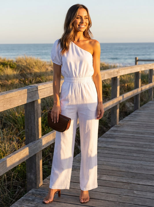 Eden Relaxed Linen Wide Leg White Jumpsuit by Riley Belle