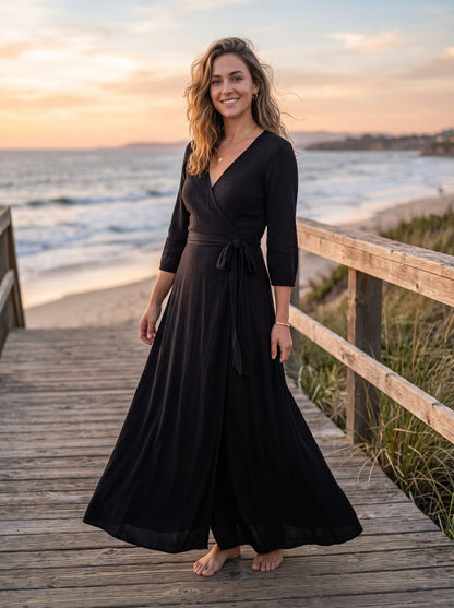 Black wrap maxi dress by Riley Belle
