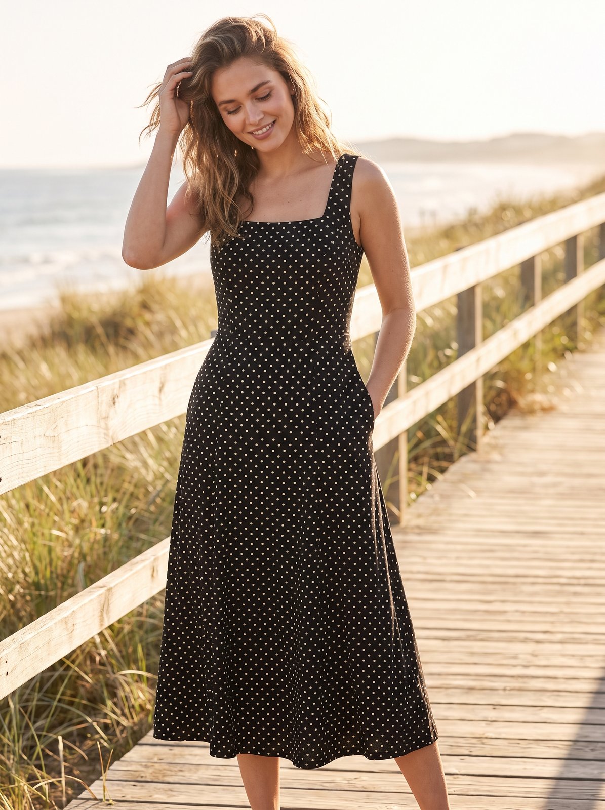 Black polka dot wedding guest midi dress by Riley Belle