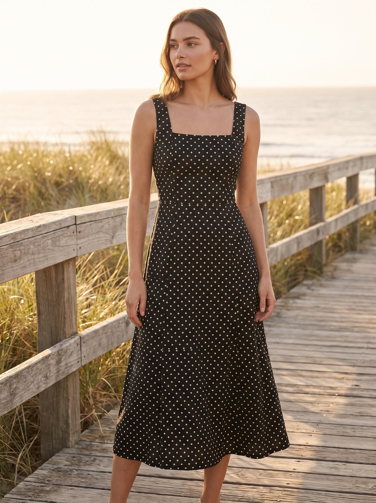 Black polka dot wedding guest midi dress by Riley Belle