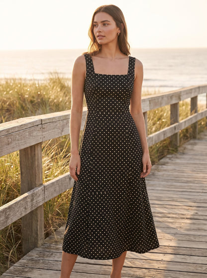 Black polka dot wedding guest midi dress by Riley Belle