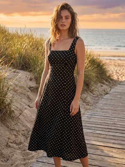 Black polka dot wedding guest midi dress by Riley Belle