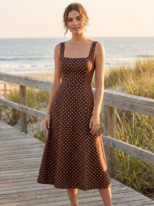 Chocolate polka dot wedding guest midi dress by Riley Belle