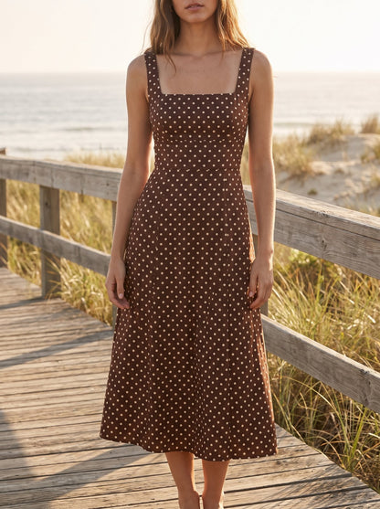 Chocolate polka dot wedding guest midi dress by Riley Belle