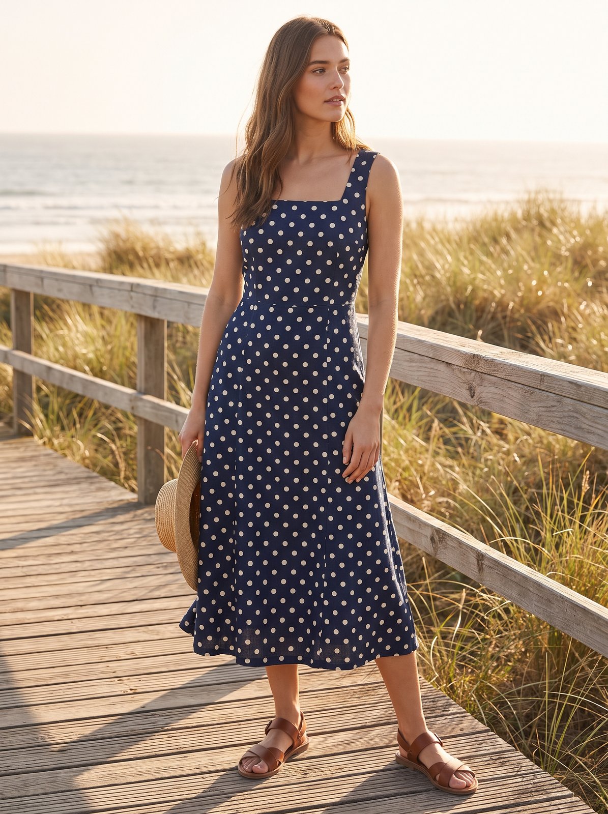 Navy polka dot wedding guest midi dress by Riley Belle